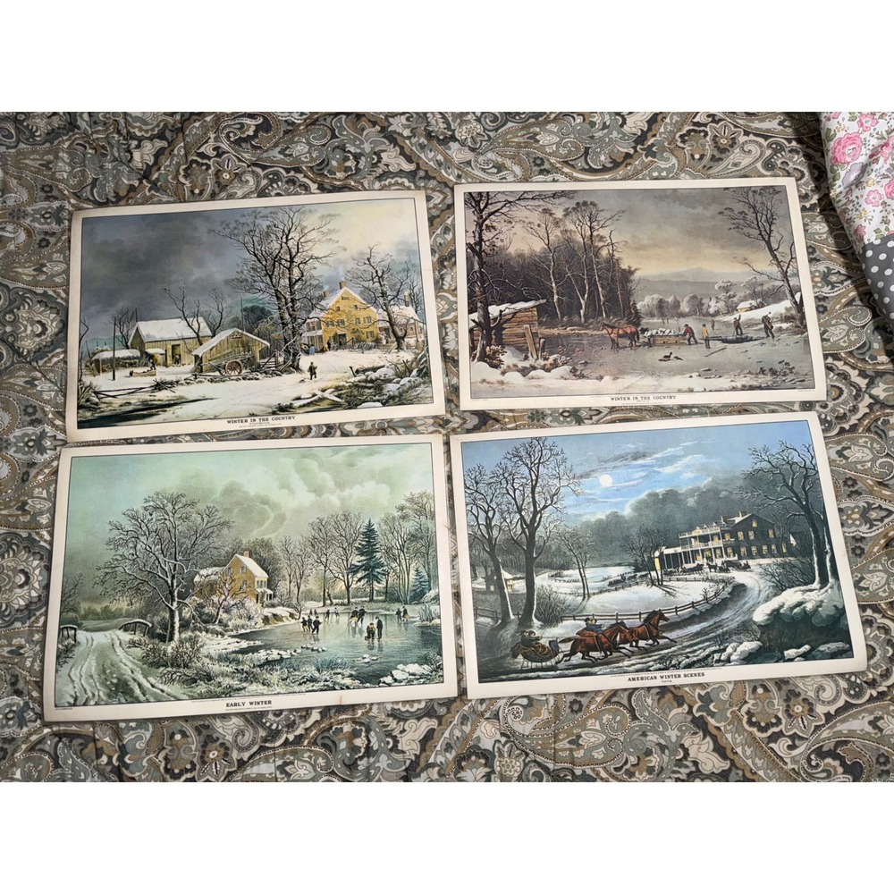 Vintage Currier and Ives Winter Scene Placemats Set of 4 Double Sided Christmas
